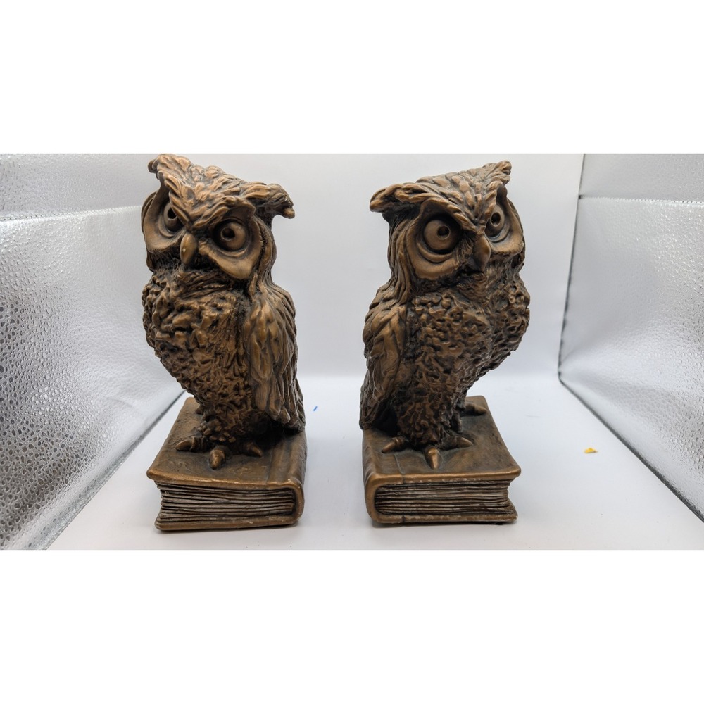 Vintage Wise Owl Standing on Book Ceramic Resin Bookends Pair Bronze Finish Deco